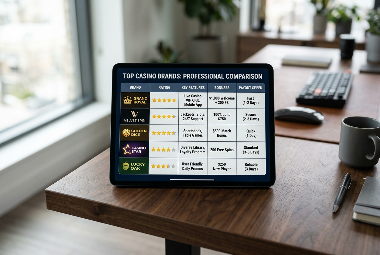 Tablet displaying a casino comparison table