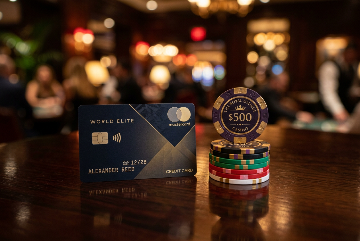 Mastercard and casino chips on a glowing digital surface